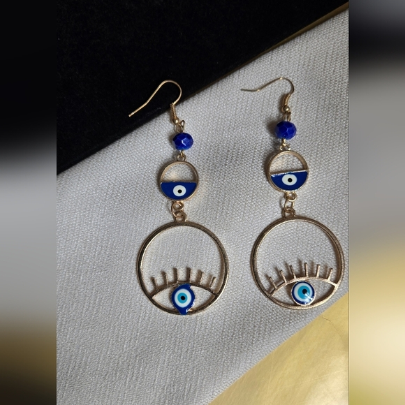 Elegant Gold Tone Blue Evil Eye Earrings - Picture 6 of 15